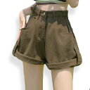 アイカ ica ゆったり Aライン ロールアップ ハイウエスト デニム ショートパンツ (KK)