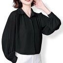 アイカ ica ゆったり プリーツ袖 薄手 シフォン 前開き 長袖 シャツブラウス (BK)