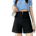 アイカ ica ストレッチデニム素材 ハイウエスト ゆったりAライン デニム ショートパンツ (BK)
