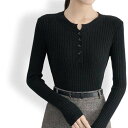 アイカ ica 柔らかい リブニット素材 ヘンリーネック ロングスリーブ タイトニットセーター (BK)