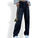 アイカ ica 濃紺 ハイウエスト ワイド ストレート デニムパンツ (BL)