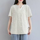 アイカ ica ナチュラルなクレープ素材&可愛い花柄レース 半袖 Vネック ゆったり プルオーバーブラウス (WT)