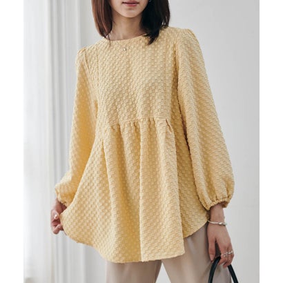 ラナン RANAN パール調ボタン付ジャカードフレアーブラウス （イエロー）