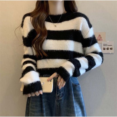 アンドカワイイ And Kawaii ボーダーニット ショート丈 セーター トップス 長袖 秋冬 長袖ニット 韓国..