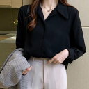 アミュレット Amulet シフォンシャツブラウス レディース 10代 20代 30代 韓国ファッション 春 秋 冬 カジュアル 可愛い 上品 白 黒 オフィス 無地 シンプル (ブラック)(4)