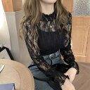 ベルシー Belle Cie シースルー シアー 長袖 ハイネック 重ね着 レディース 韓国ファッション セクシー おしゃれ 大人可愛い 上品 シンプル 肌見せ 小花 柄 レース トップス シアートップス 大