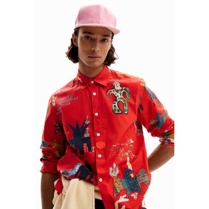 デシグアル Desigual イラスト ポプリンシャツ (ピンク/レッド)