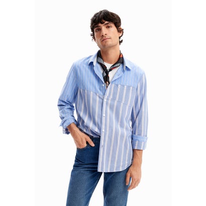 デシグアル Desigual ストライプパッチワーク シャツ (ブルー)