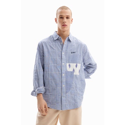 デシグアル Desigual ストライプパッチワーク シャツ (ブルー)