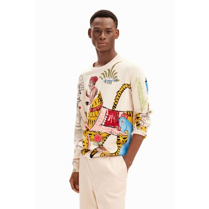 デシグアル Desigual インドプリント ハイゲージニットセーター (ホワイト)