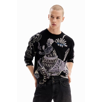 デシグアル Desigual インドプリント ハイゲージニットセーター (グレー/ブラック)