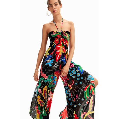 デシグアル Desigual ジャングルイラスト ホルターネック ロングオールインワン (グレー/ブラック)