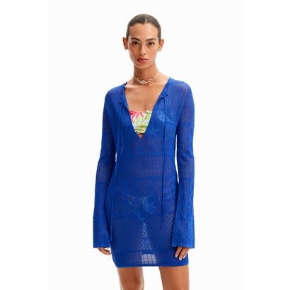 デシグアル Desigual 透かし編み ショートチュニックワンピース (ブルー)