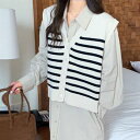 アミュレット Amulet ボーダーニットベスト レディース 10代 20代 30代 韓国ファッション 春 秋 冬 カジュアル 可愛い 白 黒 ボーダー トップス シンプル (ホワイト)