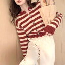 アミュレット Amulet クロップド丈ニットカーディガン レディース 10代 20代 30代 韓国ファッション 秋 冬 カジュアル 可愛い 赤 青 黒 ボーダー シンプル (レッド)