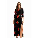 デシグアル Desigual スリット 花柄 ロングワンピース (グレー/ブラック)