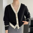 デューリリー Dewlily ステッチニットカーディガン レディース 10代 20代 30代 韓国ファッション 秋 冬 カジュアル 可愛い カジュアル Vネック おしゃれ 大人 (ブラック)