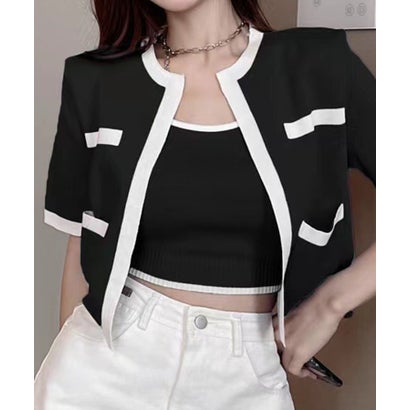 エスイーユー SEU ショート丈バイカラーアンサンブルニット （ブラック）