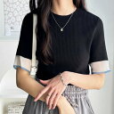 ジーラ GeeRA 半袖シアーリブサマーニットトップス (ブラック×ブルー)