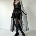ジュノア JUNOAH 前リボンチュールレイヤードキャミワンピース (ブラック)