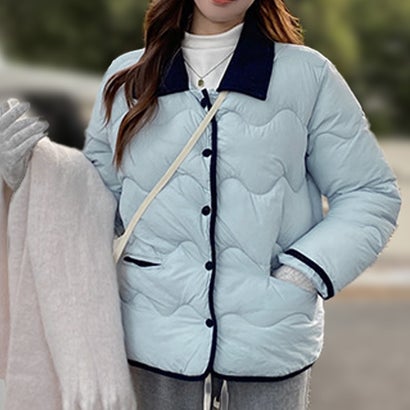 アイカ ica 可愛い バイカラー パイピング ステンカラー ミドル丈 キルティングジャケット 中綿ジャケット （GR）