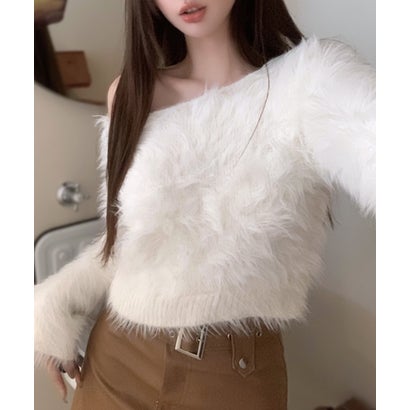 リフ Riff シャギーニット セーター ボートネック ショート丈ニット プルオーバー トップス 長袖 無地 （ホワイト）(4)