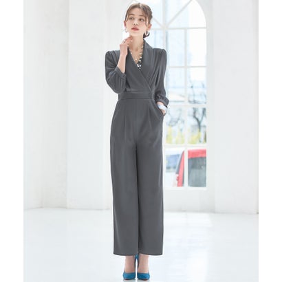ドレスプラス DRESS+ ジャンプスーツ パンツドレス シフォン S M L XL パーティー 結婚式 (チャコール)
