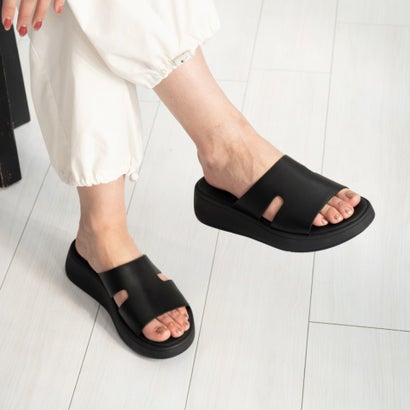 フィットフロップ fitflop F-MODE RAW-EDGE LEATHER FLATFORM H-BAR SLIDES （Black）