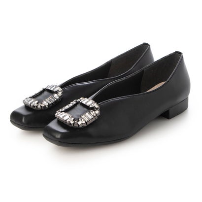 マリー・ファム Marie femme ビジュー付きVカットスクエアトゥフラットパンプス （ブラックスムース）