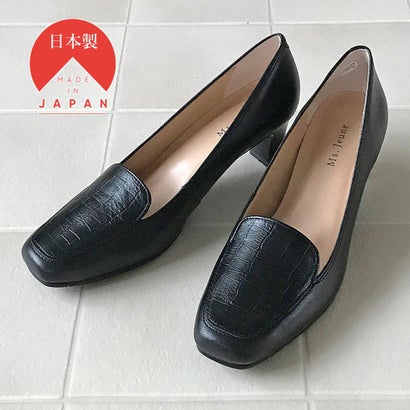 ハスキー husky Co.Ltd. 【牛革】型押しレザーコンビ 5.5cmヒールパンプス （BLACK）