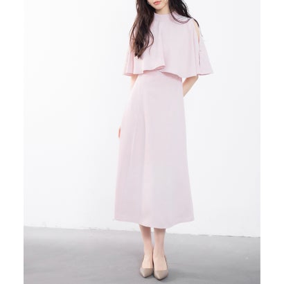 セゾンドパピヨン SAISON DE PAPILLON 立ち襟オープンショルダーミモレ丈ワンピース （ピンク）