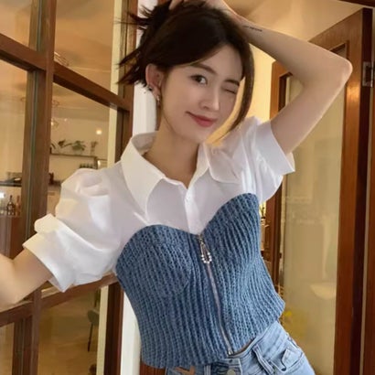 ベルシー Belle Cie トップス 半袖 ビスチェ フェイクレイヤード 重ね着 ショート丈 レディース 短丈 ガーリー 大人 シャツ 韓国ファッション きれいめ 大きいサイズ （ホワイト）