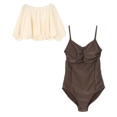 ティティベイト titivate ショートシアートップス×ワンピース/セット水着 （オフホワイト/ブラウン）