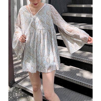 スパイラルガール SPIRALGIRL ペイズリー柄ラメストライプフレアブラウス (ブルー系)