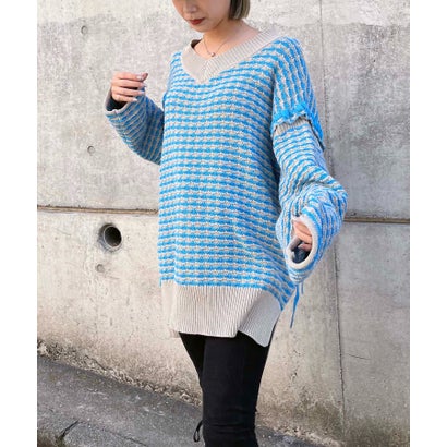 スパイラルガール SPIRALGIRL ソリッドボーダーステッチチュニックニット (ブルー系)