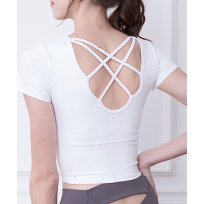テディショップ Teddyshop レディース 半袖クロップドバックストラッピーヨガウェアトップス カップ付き （ホワイト）