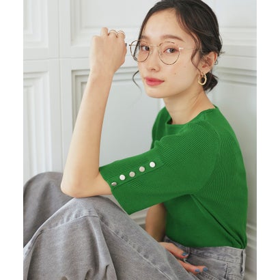ルイルエブティック RUIRUE BOUTIQUE 選べるデザインボタンハーフスリーブリブニット (メタル釦/グリーン) ルイルエブティック RUIRUE BOUTIQUE 選べるデザインボタンハーフスリーブリブニット (メタル釦/グリーン)