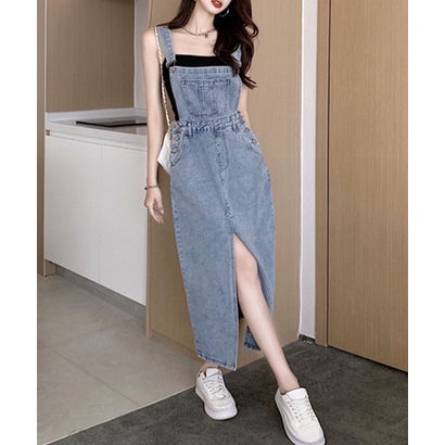 リフ Riff 深めスリットでヘルシーな印象に サロペットスカート 前スリット ジャンスカ ジャンパースカート ロングワンピース オーバーオール キャミワンピ ノースリーブ 半袖 無地 （ブル