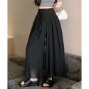 リフ Riff 透け感のある軽やかな風合い ガウチョ スカーチョ ハイウエスト フレアパンツ ワイドパンツ シフォン ウエストゴム ロングパンツ ボトム 無地 (ブラック)