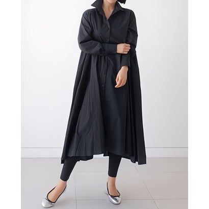 リリーオブバリー Lily of Valley ヘム フレア ロングシャツ ワンピース きれいめ 長袖 上品 無地 清楚 カジュアル (BK)