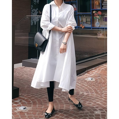 リリーオブバリー Lily of Valley ヘム フレア ロングシャツ ワンピース きれいめ 長袖 上品 無地 清楚 カジュアル (WT)