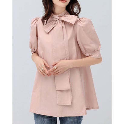 リリーオブバリー Lily of Valley バックリボン ハイネック フレア ブラウス 無地 上品 清楚 大人可愛い 五分袖 トップス (HPK)