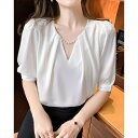 リリーオブバリー Lily of Valley パール チェーン付き 半袖 タック ブラウス レディース トップス 清楚 上品 きれいめ (WT)