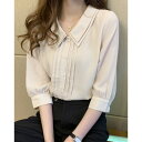 リリーオブバリー Lily of Valley ダブルカラー ピンタック シフォン ブラウス 七分袖 上品 きれいめ オフィス 襟付き (OWT)