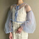 ジュノア JUNOAH チュールボリュームスリーブリボントップス (ブルー)