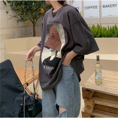 アンドカワイイ And Kawaii Tシャツ 半袖 ロゴプリント レディース 夏 韓国ファッション （グレー）