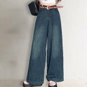 アイカ ica ロング丈 ヴィンテージ加工 ワイドデニムパンツ ワイドパンツ デニムパンツ ジーンズ ジーパン Gパン ワイドレッグ ロング ゆったり 大きいサイズ レディース (BL)
