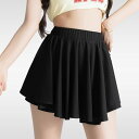 アイカ ica インナーパンツ付き リブカットソー フレア ミニスカート フレアスカート スコート ショート丈 ミニ丈 フリル ハイウエスト 下 インナー 春夏 レディース (BK)