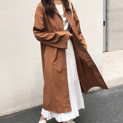 アミュレット Amulet 2wayシャツワンピース レディース 10代 20代 30代 韓国ファッション カジュアル 長袖 春 秋 無地 シンプル ジャケット コート ロング (ブラウン)