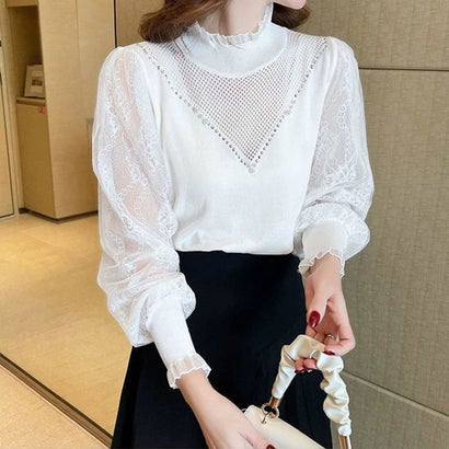 アミュレット Amulet レーススリーブブラウス レディース 10代 20代 30代 韓国ファッション 春 秋 カジュアル 長袖 シンプル おしゃれ 可愛い 白 黒 上品 (ホワイト)